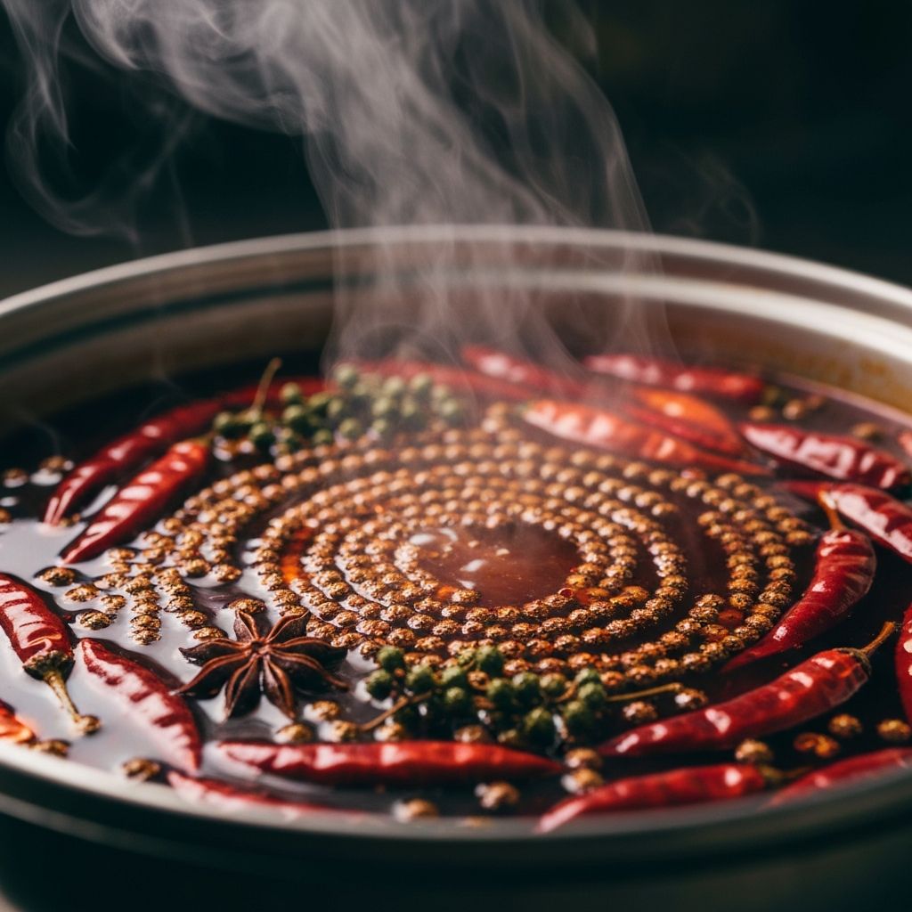 Simmering mala hotpot with Sichuan peppercorns and red chilli broth