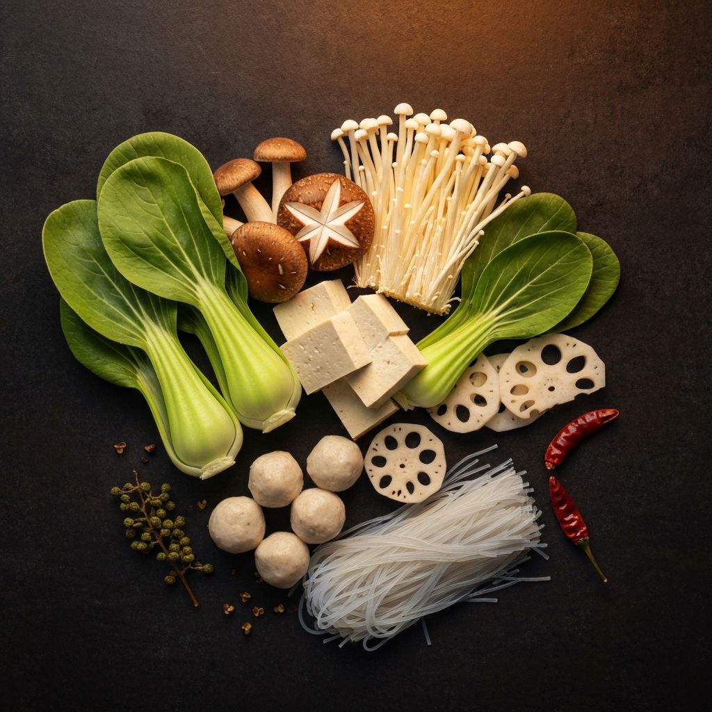 Colourful hotpot ingredient selection: vegetables, proteins, mushrooms, and noodles